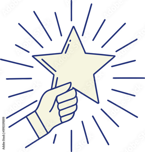 A clenched fist holding a glowing star with radiating light rays around it Vector
