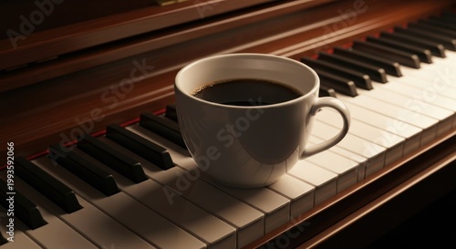 A coffee-filled mug sits on piano keys, bathed in soft light