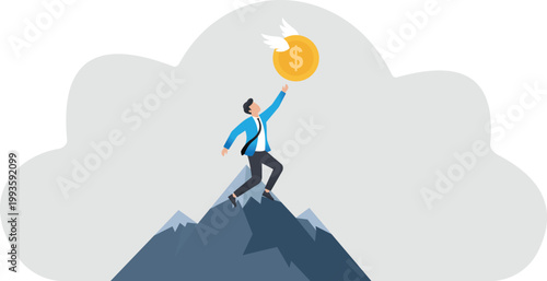 Businessman on mountain peak catching flying money coin wings