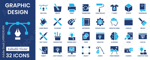 Graphic Design and Art icon set. Containing literature, architecture, sculpture, artist, exhibition, painting, music, design and museum icons. Solid icon collection. Vector illustration.