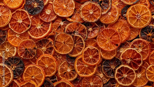 Vibrant arrangement of dried orange slices showcasing a rich spectrum of autumnal hues and textures