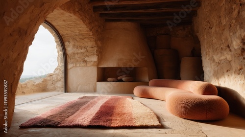 Cozy Retreat with Sunset Glow: An inviting interior space radiates warmth and tranquility, showcasing organic elements and soft textures.