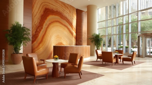 Elegance of Hospitality: A warm and inviting reception area, showcasing a sophisticated design with rich textures and natural light, ready to welcome guests with comfort and style.