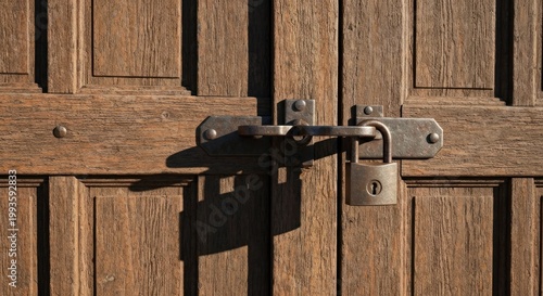 Close-up of a weathered, wooden door secured by an old metal padlock