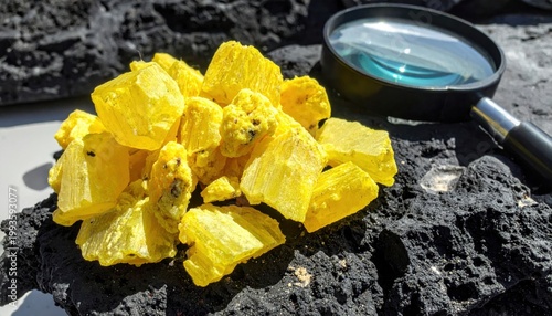Bright yellow crystalline sulfur chunks piled beside a magnifying glass on a dark textured surface