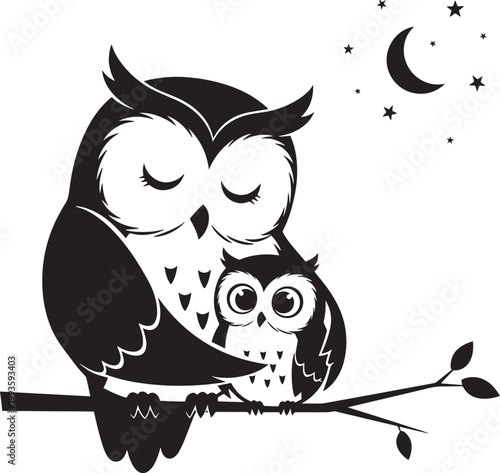 Sweet sleeping owl with baby owlet on a branch under a crescent moon and stars, night scene family design.