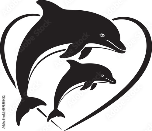 Two playful dolphins jumping together within a heart shape, marine life ocean animals vector graphic design.