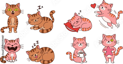Cute Cat Characters Vector Set Featuring Cartoon Cats Sleeping Jumping Drinking Coffee and Showing Emotions in Adorable Poses for Pet Design