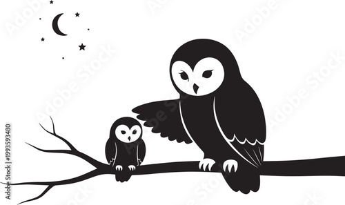 Wise mother owl holding baby owl on branch at night with moon and stars, peaceful family bonding scene.