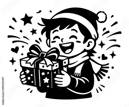 Cheerful young child bringing a gift box and wearing a warm hat and scarf. Black and white illustration