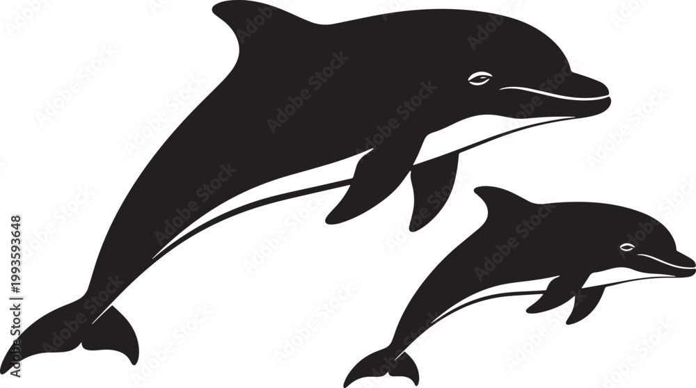 Obraz premium Two dolphins swimming in ocean sea water with playful interaction, mother and baby mammal animal silhouette.