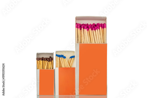 Wooden matches in paper boxes isolated on white background, close-up.