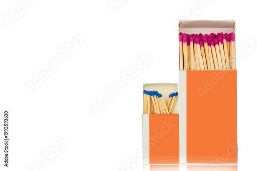 Wooden matches in paper boxes isolated on white background, close-up.