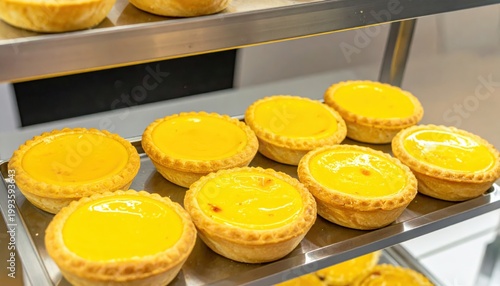 Golden baked egg custard tarts with flaky crusts glistening with smooth creamy filling showcased on a display shelf