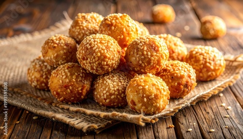 Golden sesame balls, a pile of crispy delights speckled with sesame seeds, presented on a rustic burlap cloth on a wooden table.