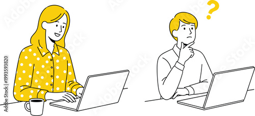 Freelancer woman working on laptop with coffee and confused man thinking with question mark, remote work productivity and problem solving concept line vector illustration