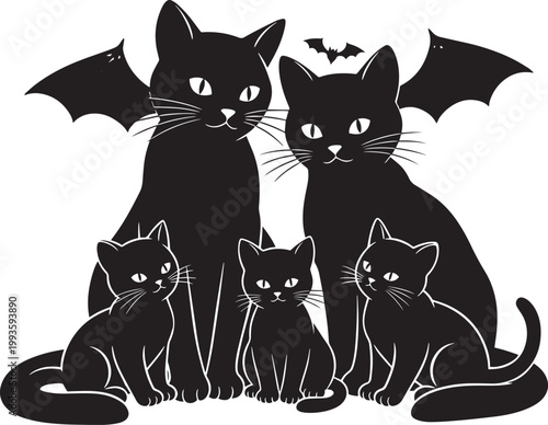 Five black cats with bat wings and a small bat above in stylized vector art over a transparent background.