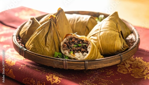 Savory Sticky Rice Parcels Filled With Minced Beef and Fragrant Herbs Presented in a Wicker Basket
