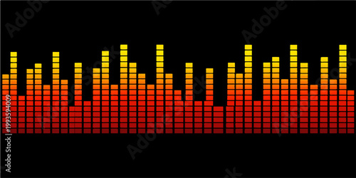 This abstract colorful sound wave background features a digital music equalizer spectrum with vibrant frequency meter bars and vector technology design for an audio studio radio display