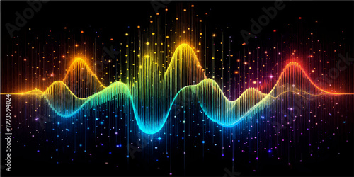 An abstract red wave design features glowing neon lines and digital motion art against a dark space background, blending light energy with a fractal star explosion of color