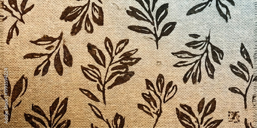 Abstract rustic textile's repeating pattern of hand-printed, organic leaf motifs in an earth-toned palette offers a textural, tactile experience. for art, banner, web, ui, branding