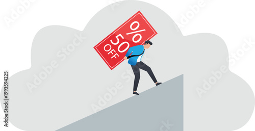 Hard working businessman carrying heavy discount percentage tag on slope