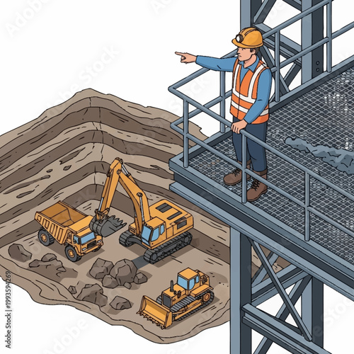 Construction worker directing heavy machinery at a mine site.