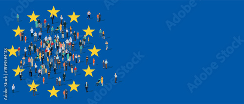 Bilde på lerret Illustration vectorielle panoramique représentant une population diverse réunie au sein de l’Union européenne, symbolisant l’unité, la diversité et la cohésion des citoyens européens