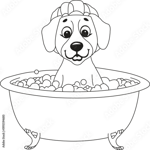 Cute Dog Bath Time Coloring Page for Kids , Puppy in Bathtub Cartoon Outline