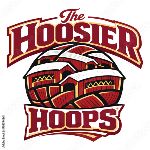 Dynamic Hoosier Hoops basketball logo featuring stylized arena inside a bold ball graphic, celebrating Indiana sports pride, college championships and energetic fan culture