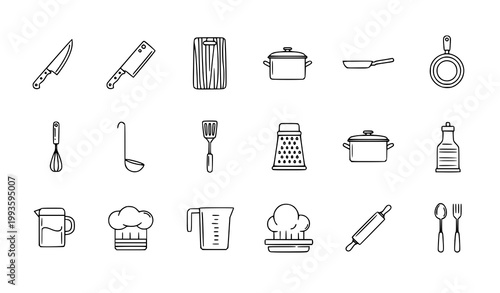 Essential Kitchen Tools and Chef Equipment Collection Minimal Vector Icon Set
