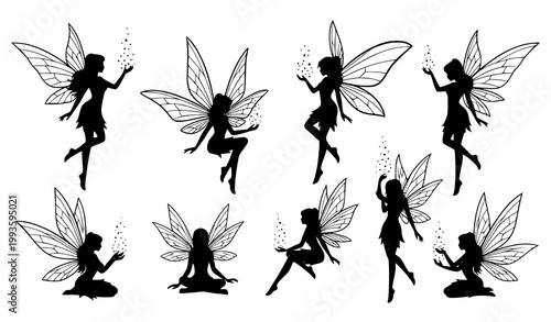 Fantasy Fairy Silhouette Vector Set Magical Pixie and Enchanted Character Design