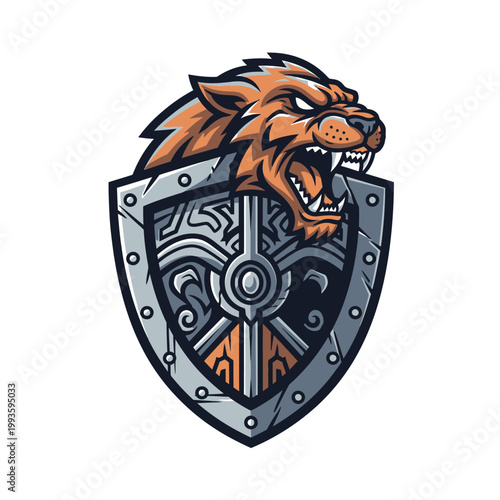 Fierce Wolf Head Emerging from Ornate Shield Emblem.