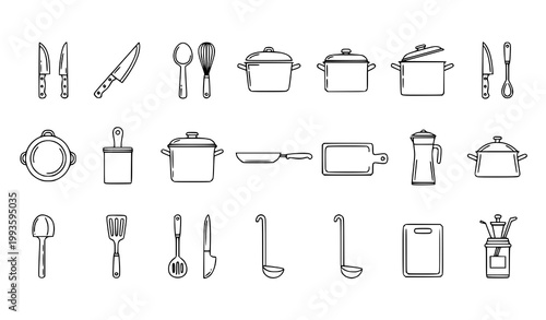 Line Art Kitchen Tools Set Chef Essentials Outline Vector Cooking Equipment Collection