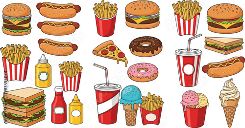 фотографія Colorful Fast Food Vector Set Featuring Burgers, Hot Dogs, Fries, Donuts, Ice Cr