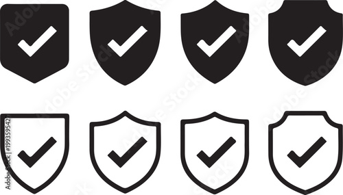 Eight black and white shield security icons with a prominent checkmark inside each shape