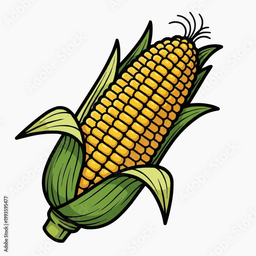 A colorful illustration of an ear of corn with green leaves