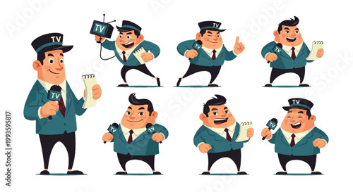 Cartoon journalist collection news reporter poses and actions
