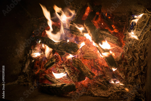 Burning Firewood and Glowing Embers Close Up