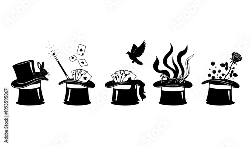 Magician hat rabbit silhouettes horizontal lineup vector with magic show elements