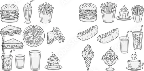 Hand Drawn Fast Food and Dessert Illustration Set Featuring Burger, Fries, Pizza, Sandwich, Hot Dog, Ice Cream, Drinks, and Coffee in Outline Style