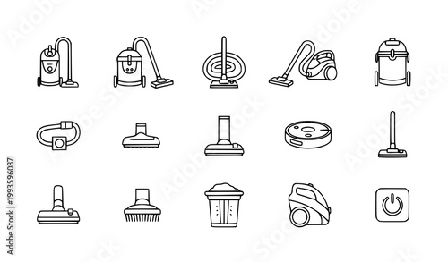 Vacuum cleaner outline icons vector set with upright robotic and handheld cleaning appliances in minimal line style isolated on white background