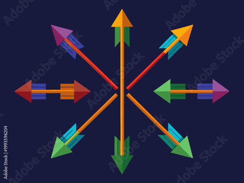Multi colored arrows pointing outwards from a central point