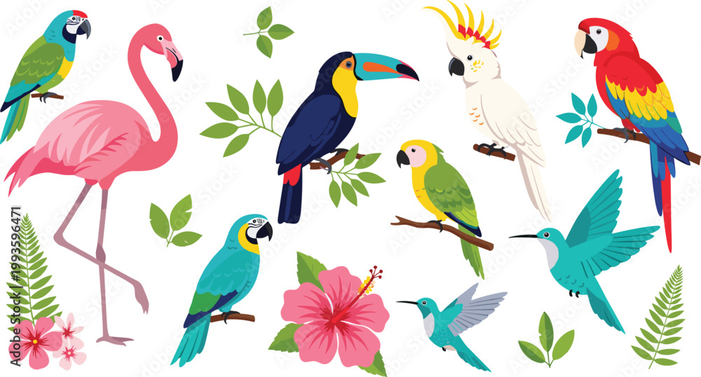 Fototapeta premium Cute Cartoon Bird IllustratioSet of Colorful Tropical Birds Including Flamingos, Parrots, Hummingbirds, and Hibiscus Flowersn with Blue Wings and Pink Cheeks in Flight