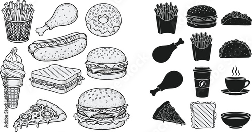 Hand Drawn Fast Food Icon Set Featuring Burger, Fries, Pizza, Donut, Sandwich, Hot Dog, Ice Cream, Coffee, and Chicken in Outline and Silhouette Styles