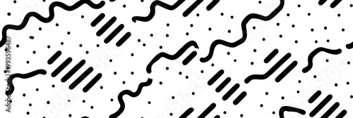Abstract seamless pattern creating a dynamic maze with dashed lines and scattered dots. Abstract black and white geometric dashed pattern