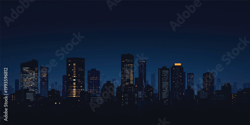 A dark metropolis cityscape at sunset features a silhouette of urban skyscrapers and downtown business towers against a night sky in this vector illustration of a panoramic city skyline