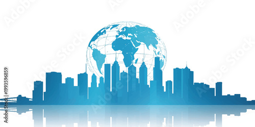 A high blue city skyline featuring a night cityscape with vector illustration silhouettes of urban skyscrapers and architecture reflecting a new downtown design