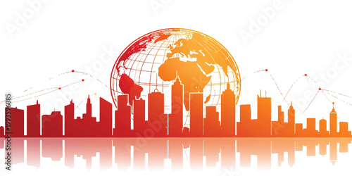 Blue vector illustration of an abstract urban city skyline with skyscrapers and business growth charts representing global finance and architecture design
