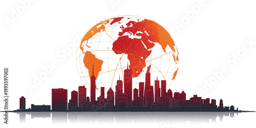 Vector illustration of a red city skyline silhouette encircling a 3d blue glass globe to represent a global business and technology finance concept